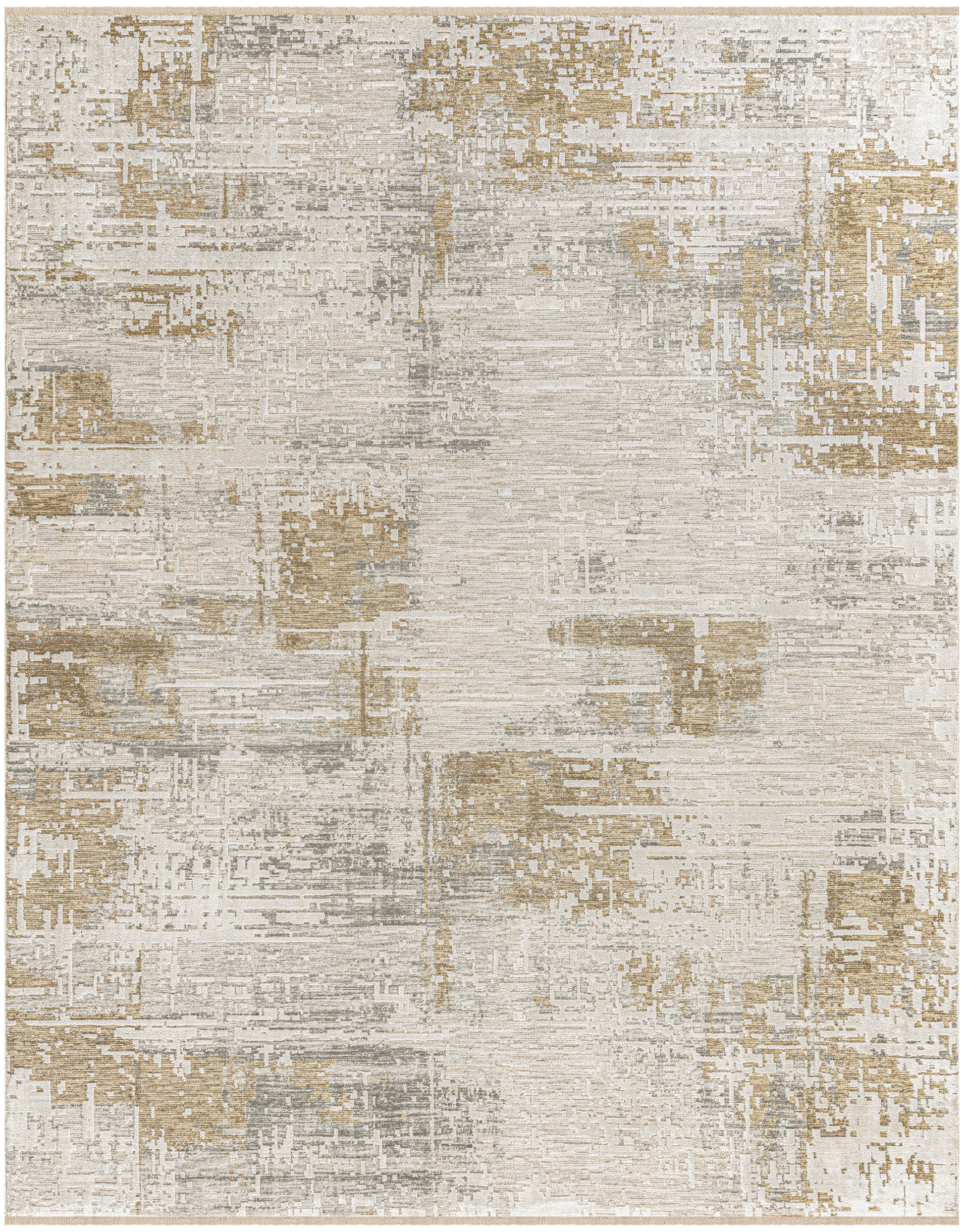Modern abstract area rug in beige, gray and gold; soft, low-pile with distressed texture for contemporary living spaces.