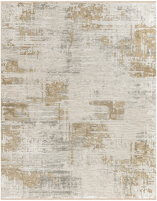 Modern abstract area rug in beige, gray and gold; soft, low-pile with distressed texture for contemporary living spaces.