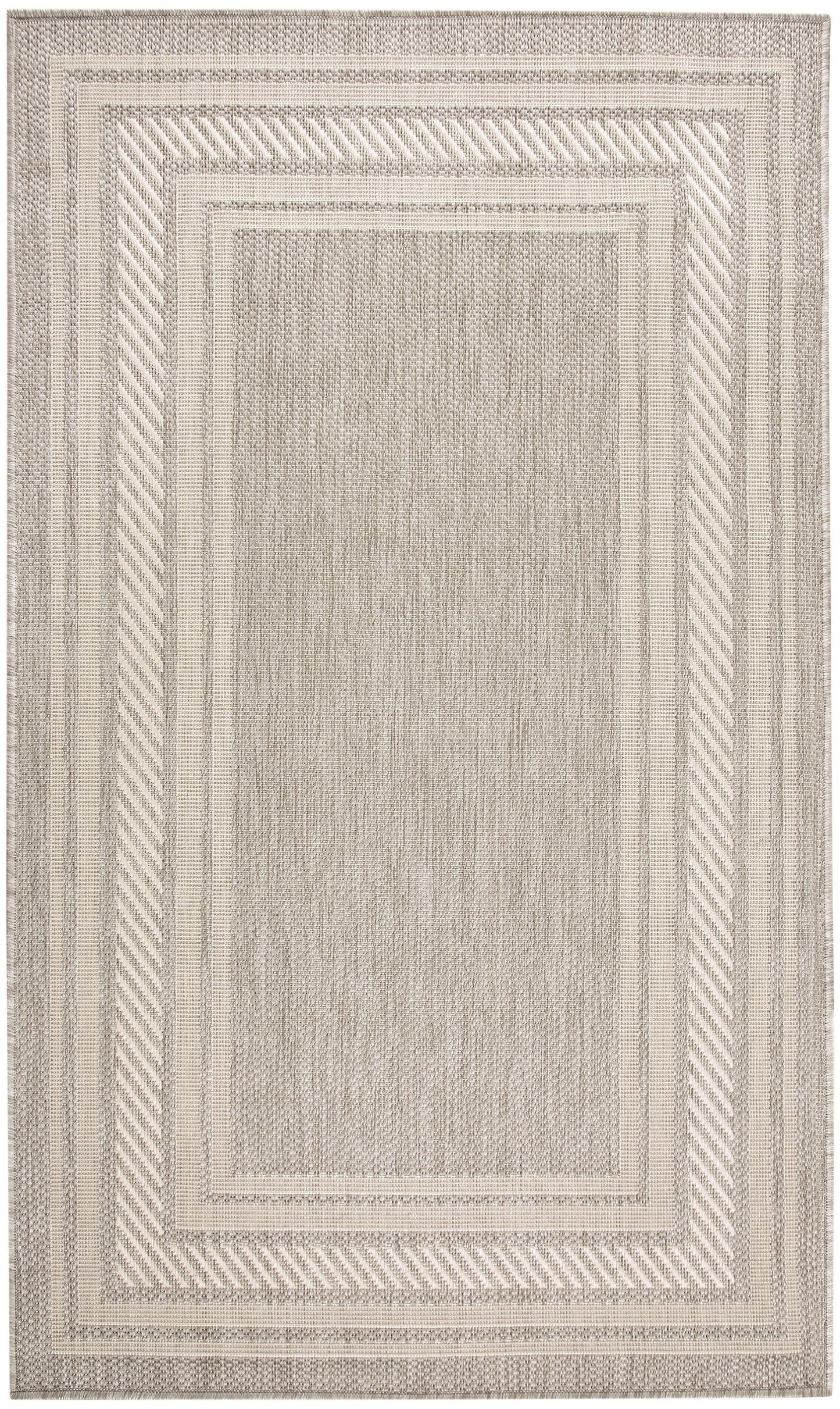 Beige and cream woven area rug with nested rectangular borders and textured center.