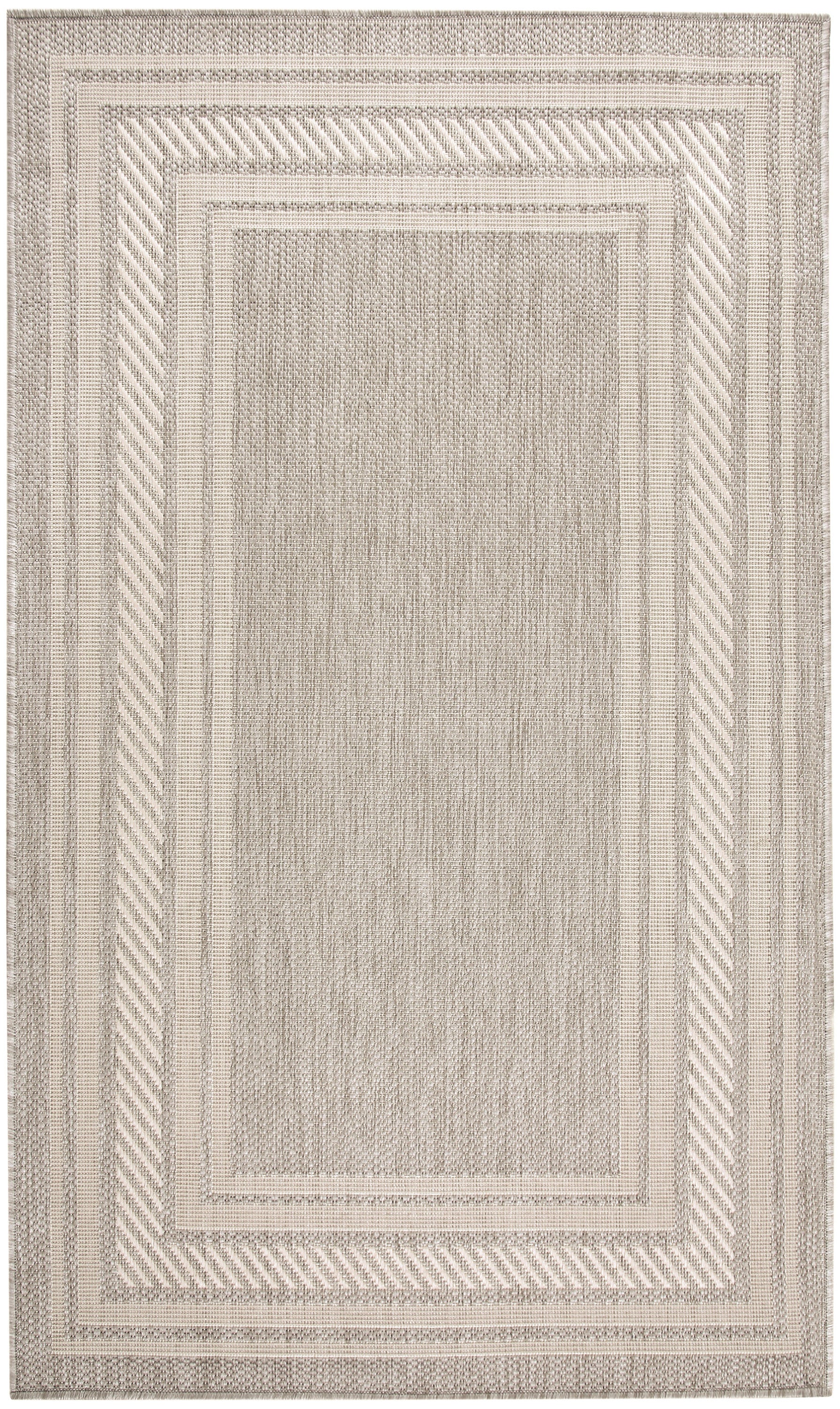 Beige and cream woven area rug with nested rectangular borders and textured center.
