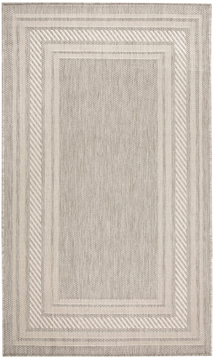 Beige and cream woven area rug with nested rectangular borders and textured center.
