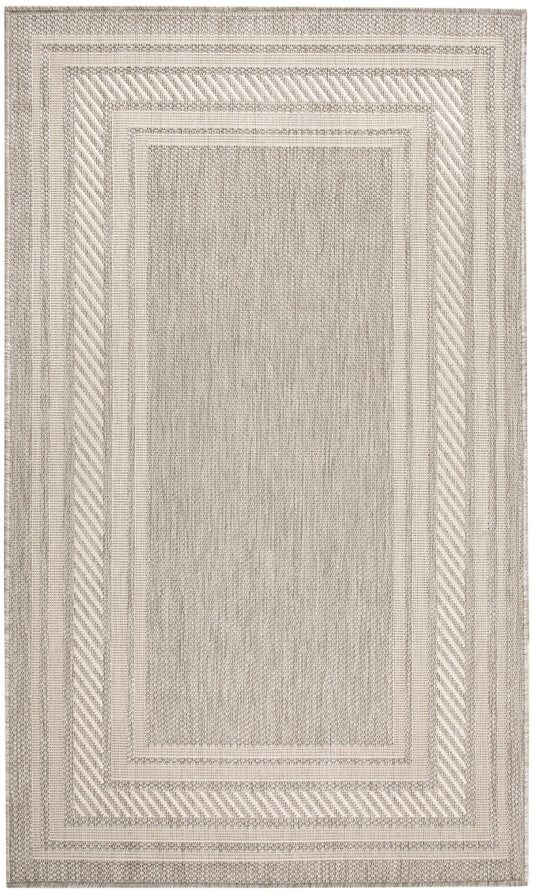Beige and cream woven area rug with nested rectangular borders and textured center.