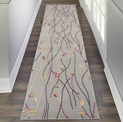 Gray hallway runner with abstract black, magenta and yellow vine lines and small leaves; long rectangular entryway rug.