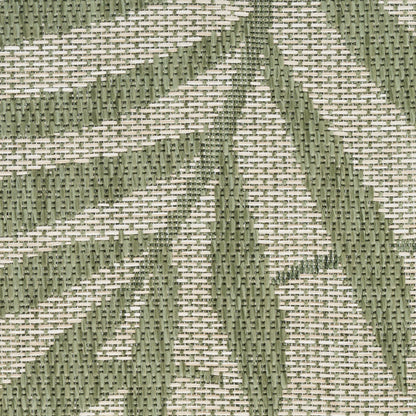 Olive green palm-leaf pattern on beige woven fabric; textured jacquard upholstery textile.