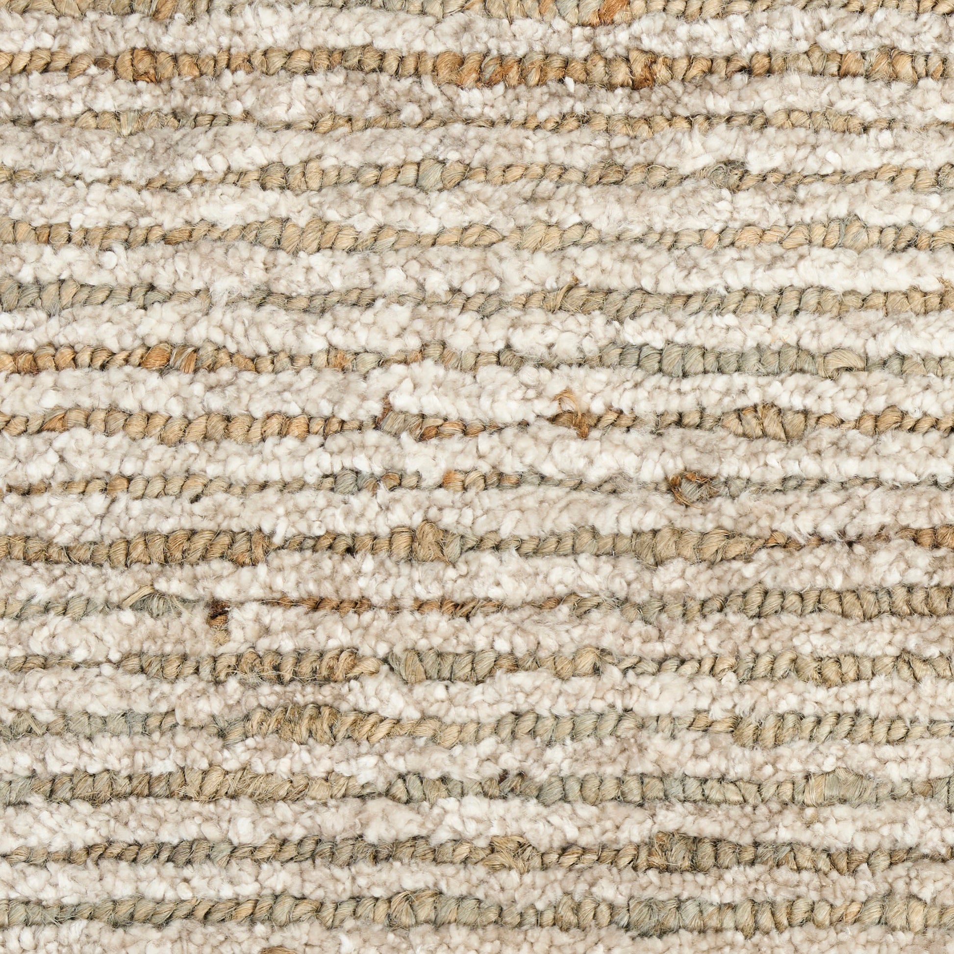 Close-up of a textured beige loop-pile rug with cream and tan strands, natural fiber look.