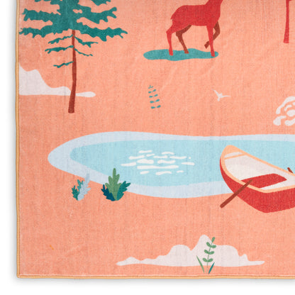 Peach-toned fringed rug with whimsical beach scene: blue water, red canoe, green trees, and a red horse silhouette.