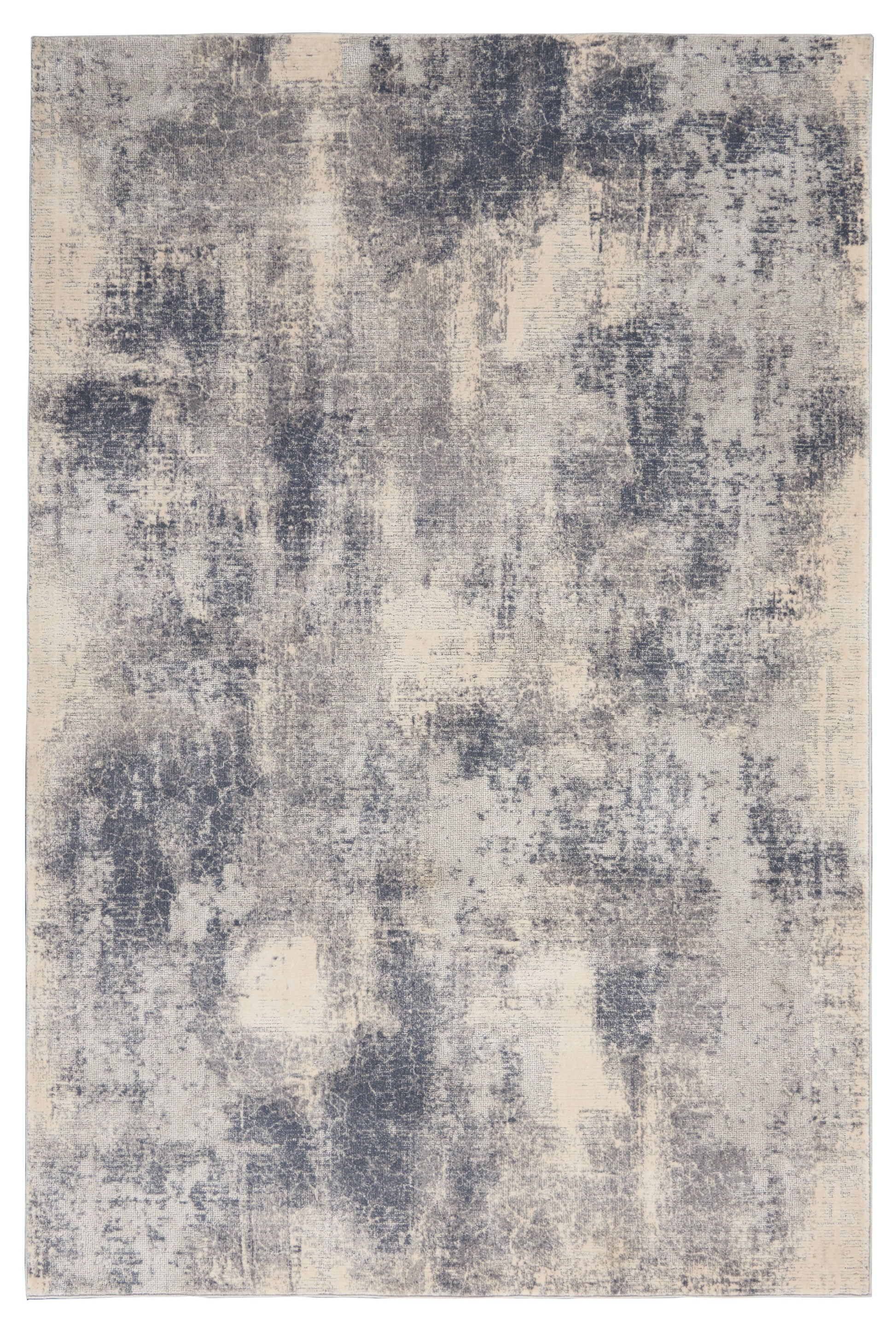 Abstract blue-gray and cream distressed area rug with marbled pattern for modern living spaces.