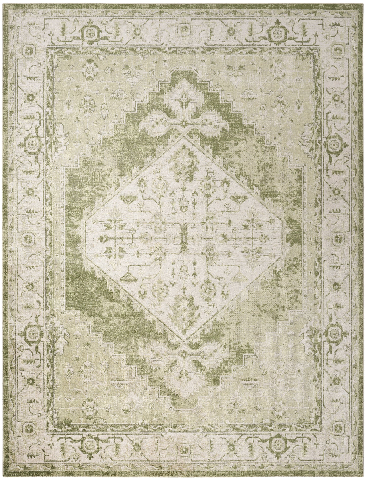 Olive green & ivory oriental area rug with a central diamond medallion & floral motifs, distressed vintage look.