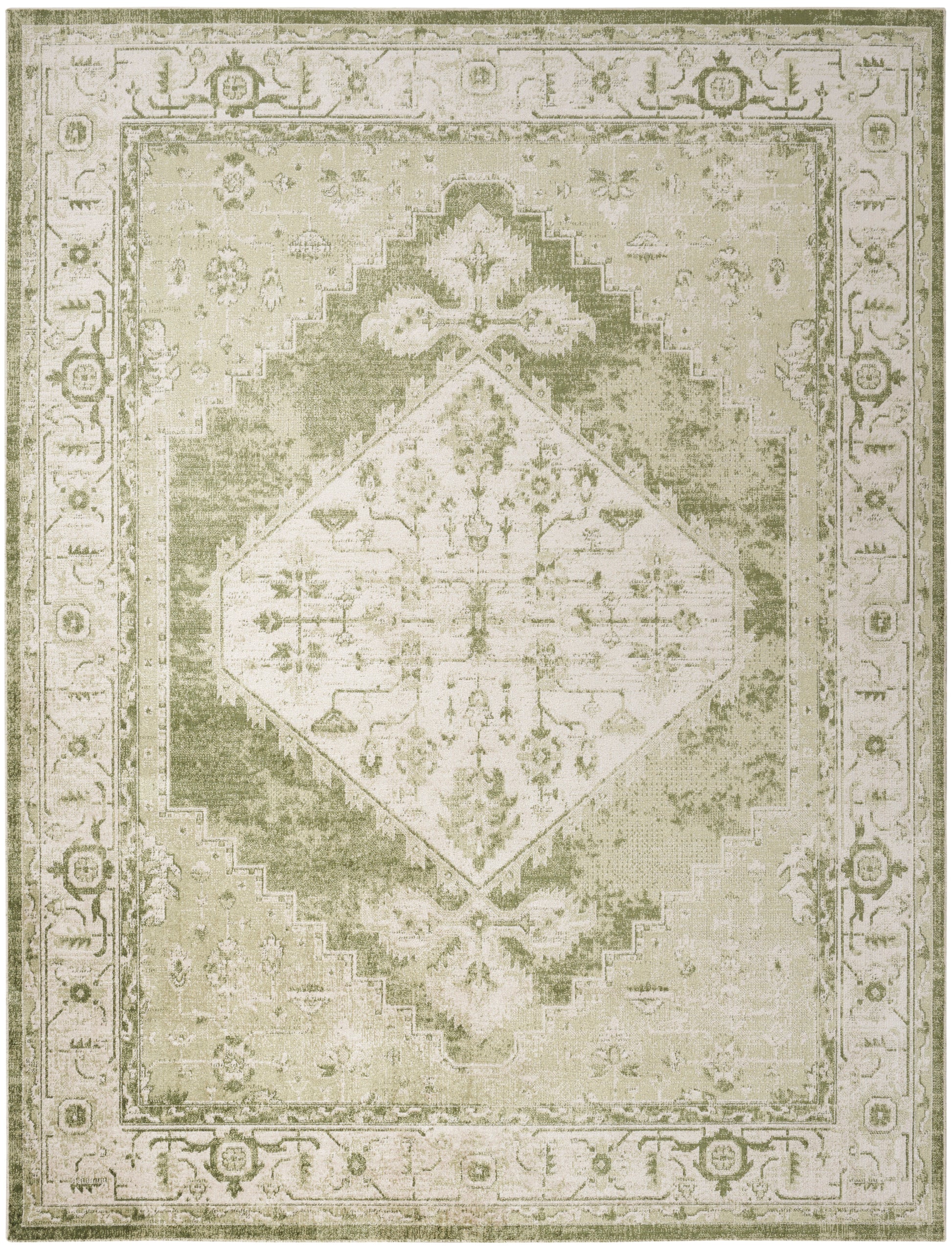 Olive green & ivory oriental area rug with a central diamond medallion & floral motifs, distressed vintage look.