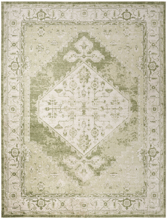 Olive green & ivory oriental area rug with a central diamond medallion & floral motifs, distressed vintage look.