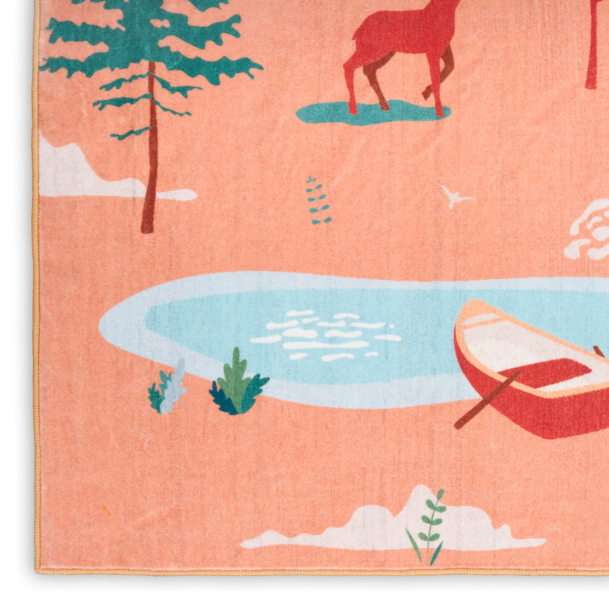 Peach throw blanket with a retro beach scene: turquoise water, red canoe, green trees, and a red horse silhouette.