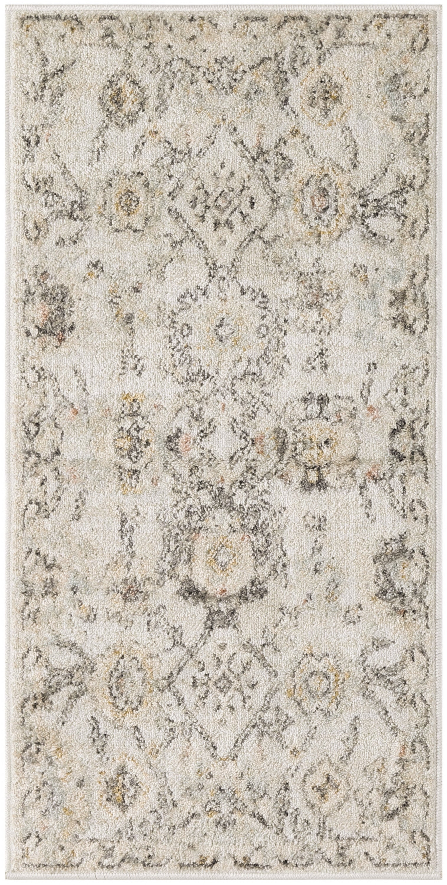 Ivory distressed Persian-style rug with muted gray & beige & gold floral medallions; rectangular, high-pile.