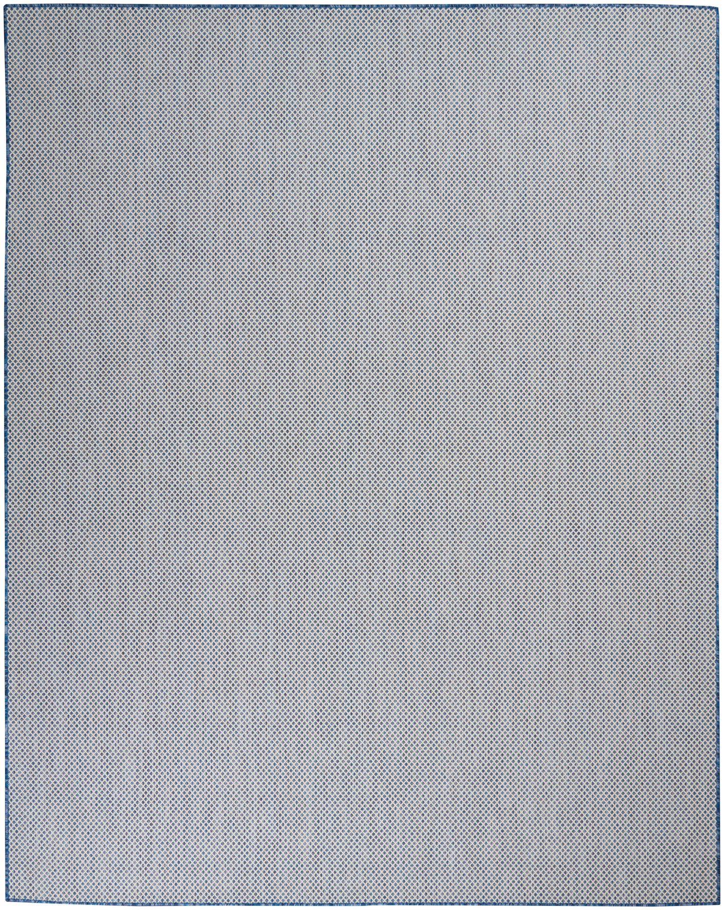 Rectangular light gray textured rug with a fine blue dot pattern and blue edge trim (8' x 10').