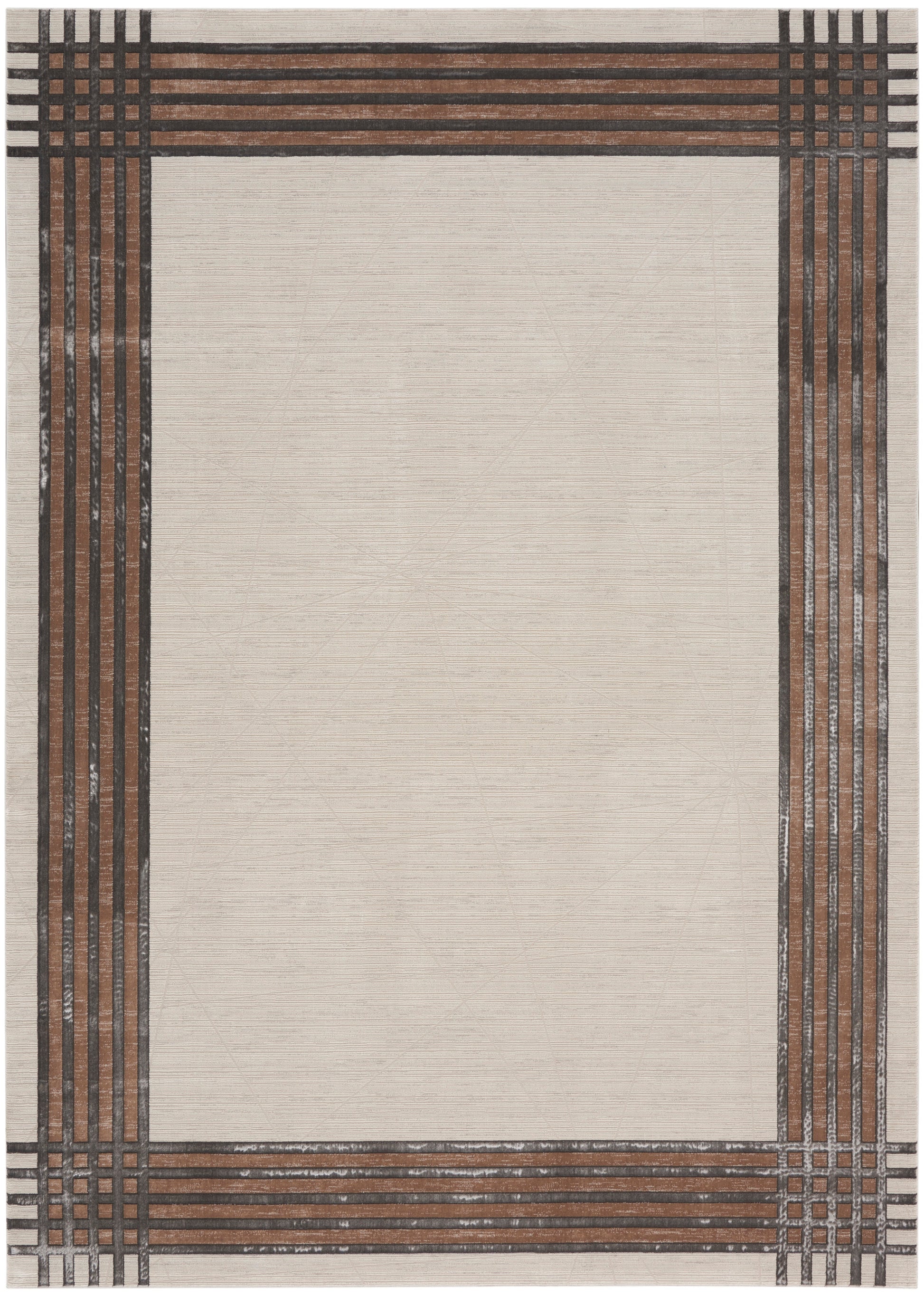 Beige rectangular rug with a wide dark brown plaid border and slim black grid lines; modern woven design.