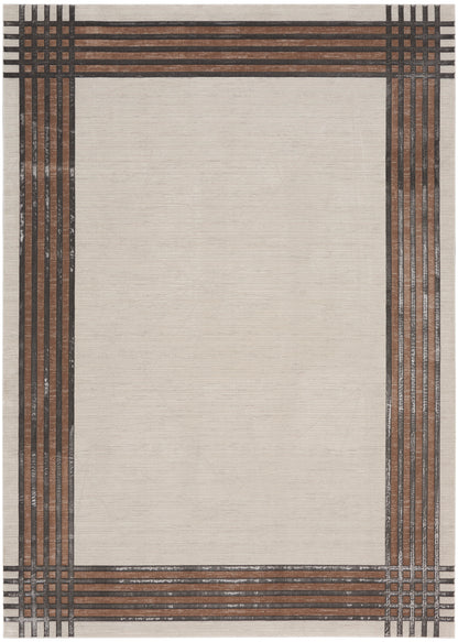 Beige rectangular rug with a wide dark brown plaid border and slim black grid lines; modern woven design.