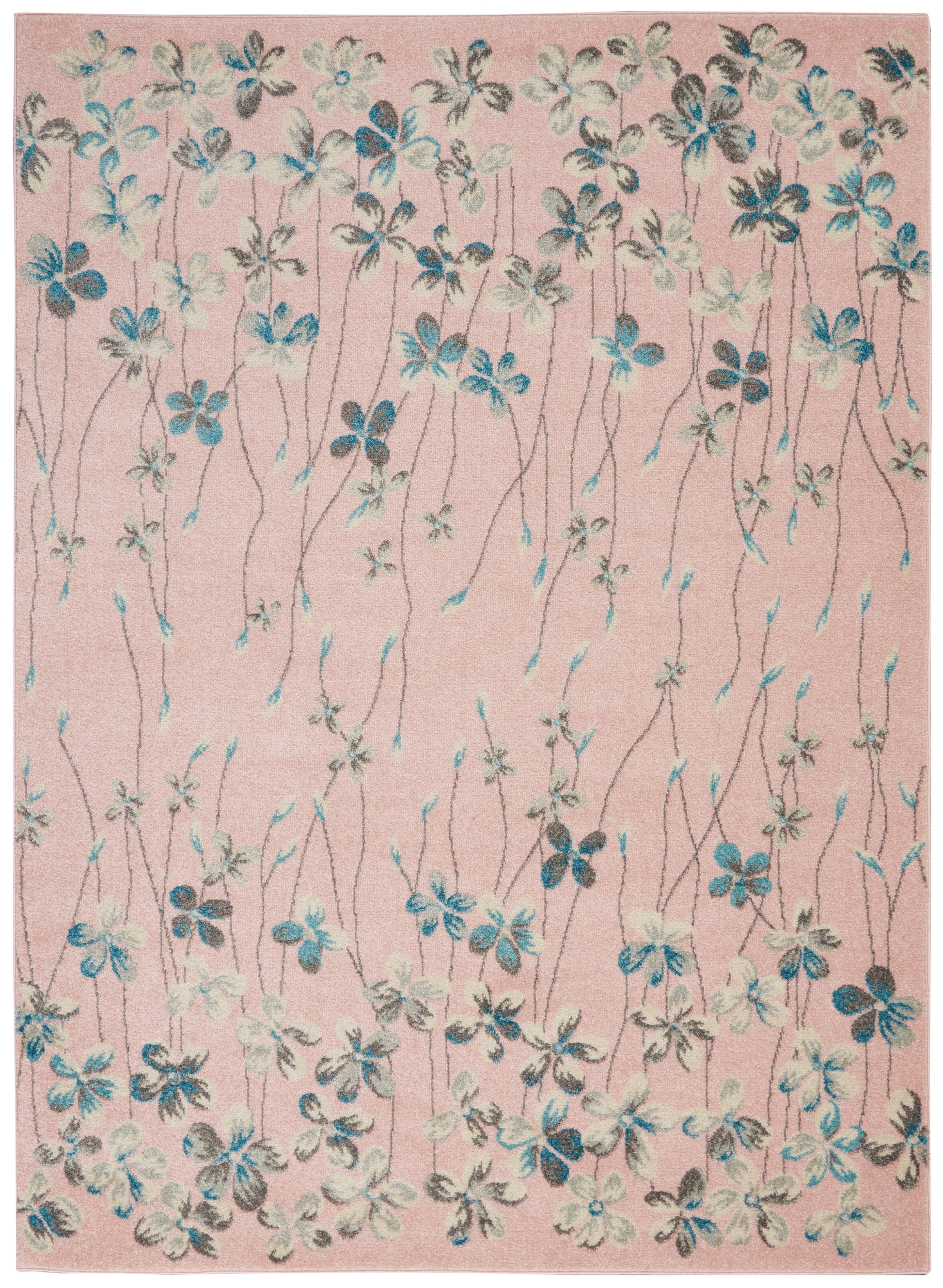 Soft pink rug with blue and white flowering vines and tall slender stems for a decorative floral look.
