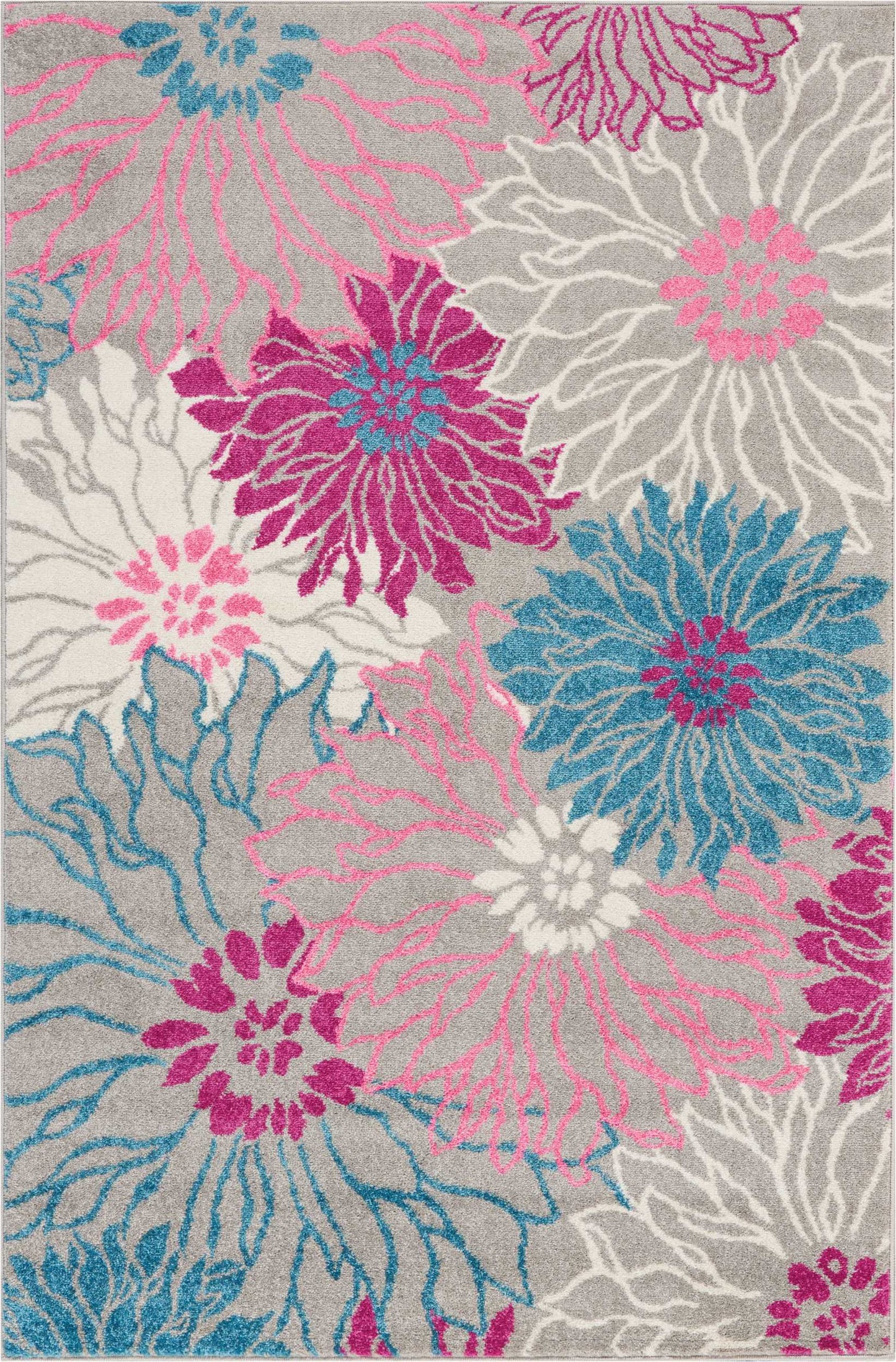 Gray area rug with oversized teal blue, pink and white floral motifs in a bold modern pattern.