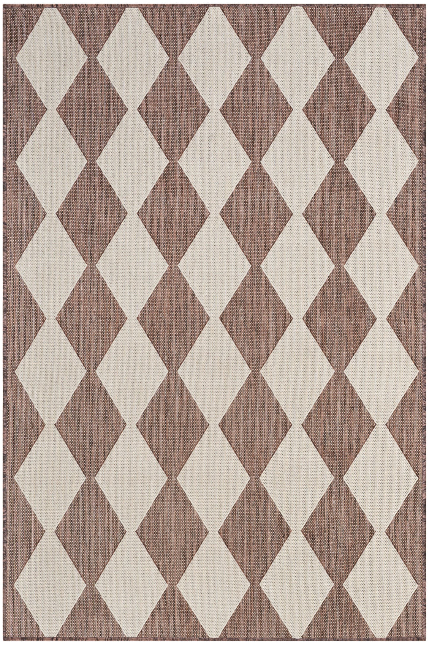 Rectangular rug with cream diamond shapes on a brown textured weave; bold geometric, mid-century style.