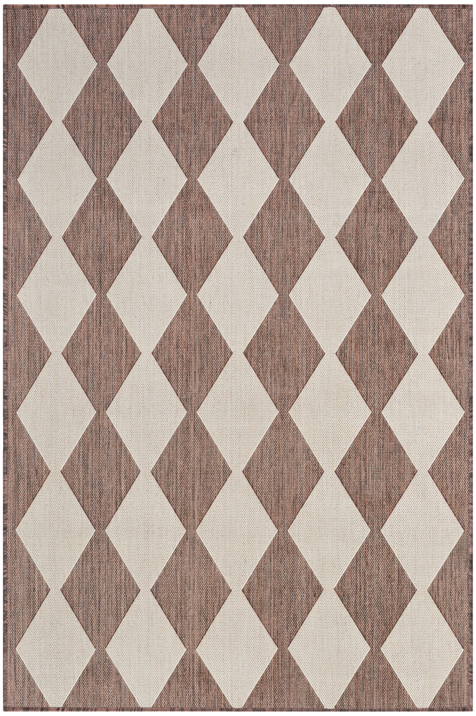 Rectangular rug with cream diamond shapes on a brown textured weave; bold geometric, mid-century style.