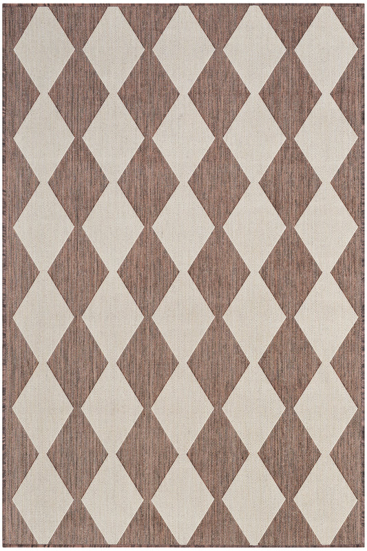 Rectangular rug with cream diamond shapes on a brown textured weave; bold geometric, mid-century style.