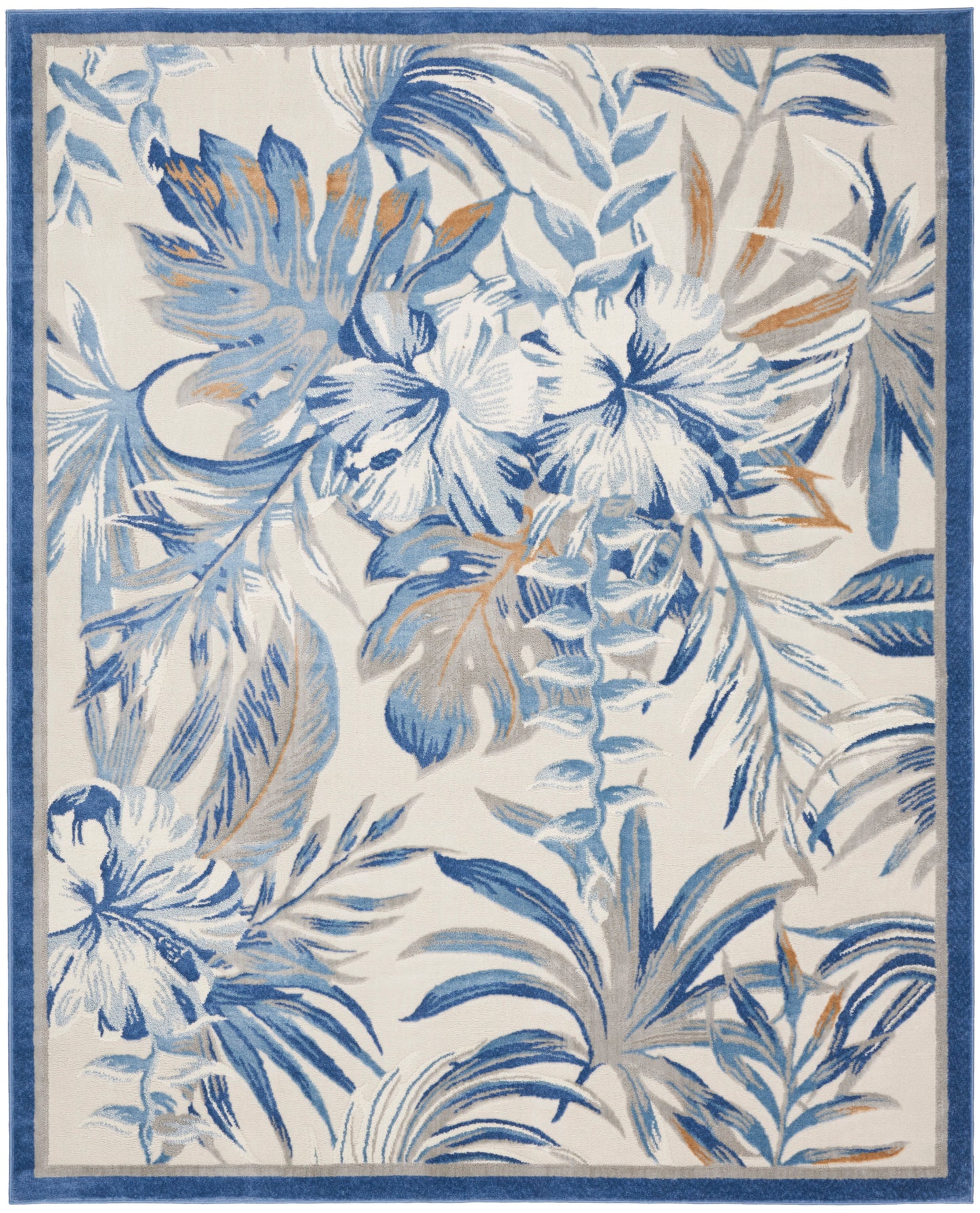 Blue tropical floral area rug with hibiscus and palm leaves on beige background; blue border.