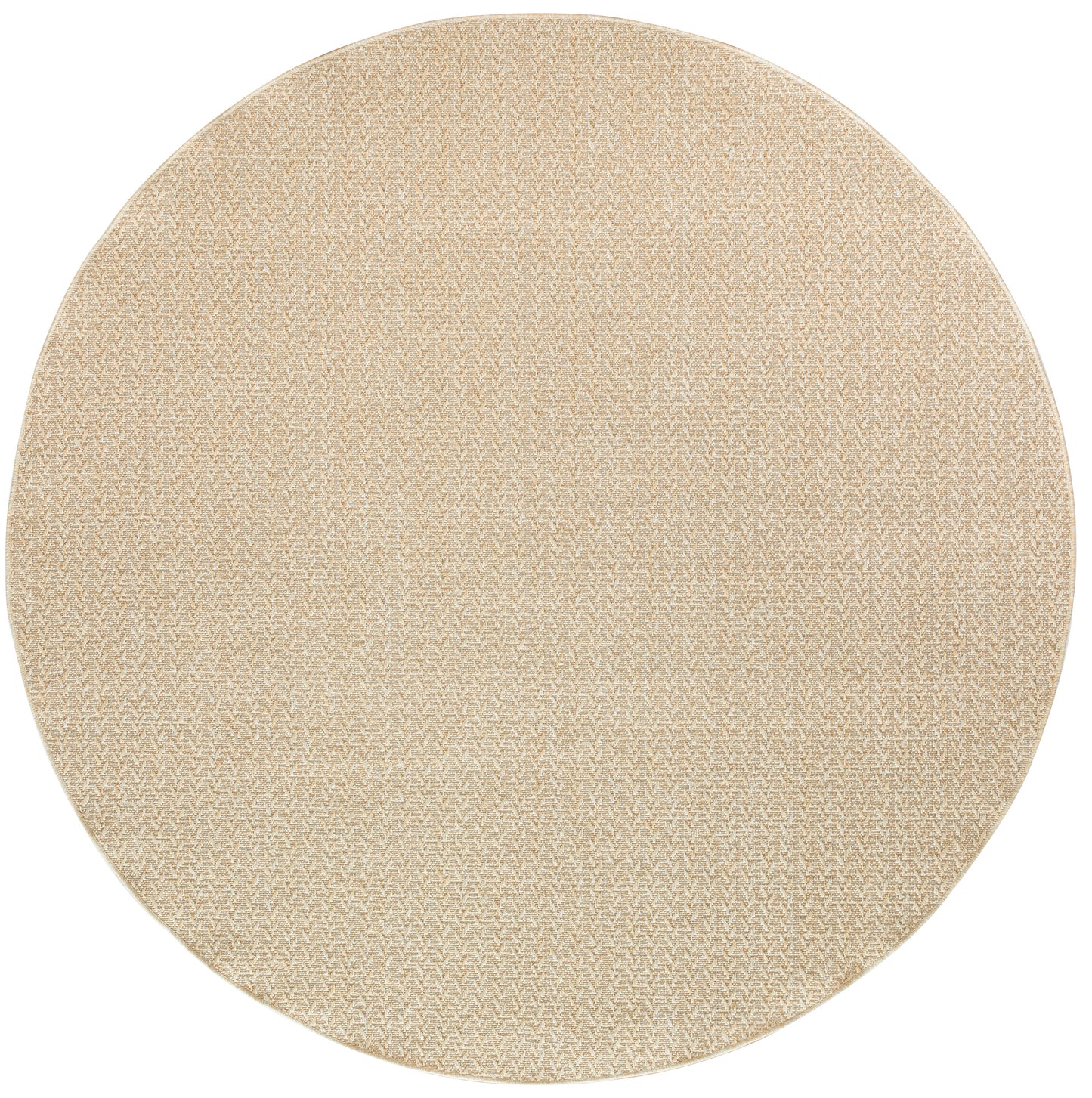 Round beige woven rug with subtle chevron texture, natural fiber style.