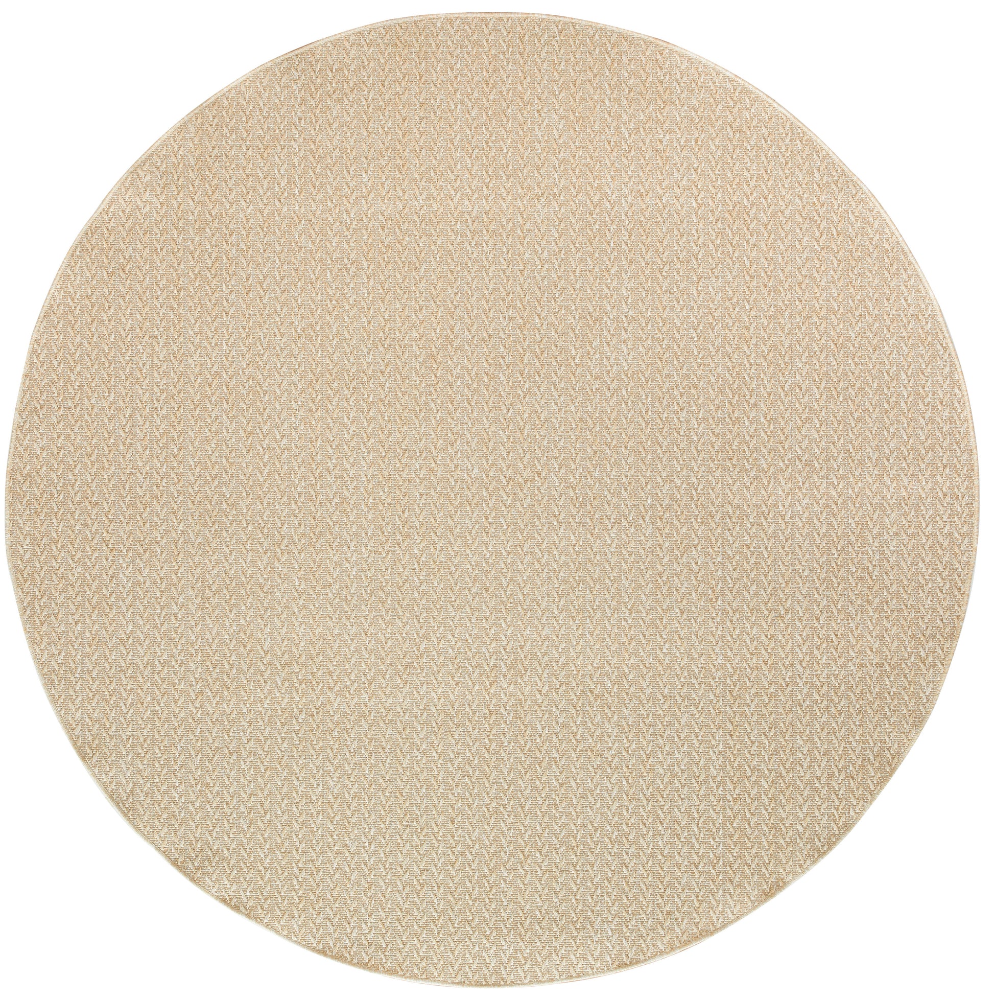 Round beige woven rug with subtle chevron texture, natural fiber style.
