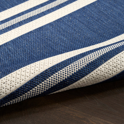 Close-up of blue and white striped woven rug fabric; thick textured weave with navy stripes on ivory.