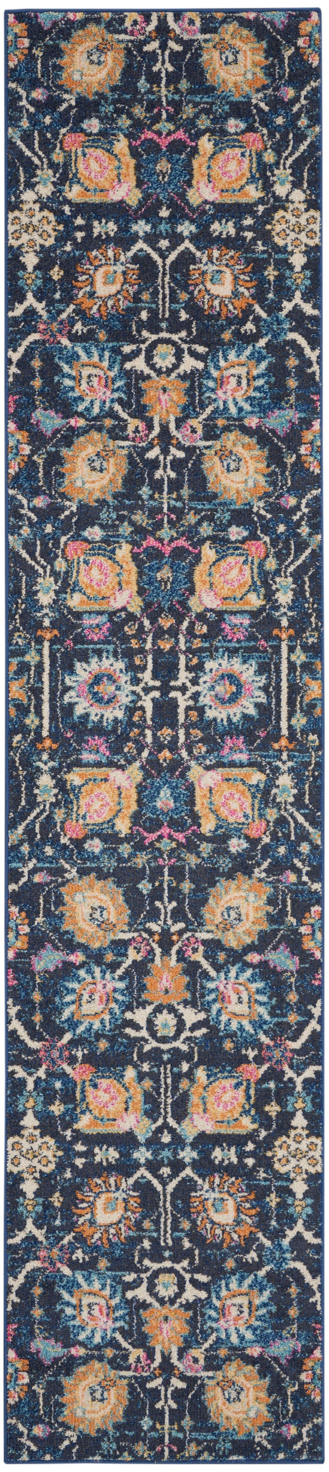 Oriental-style runner rug with navy background, bright yellow & orange floral medallions, pink accents, white vines; blue border.