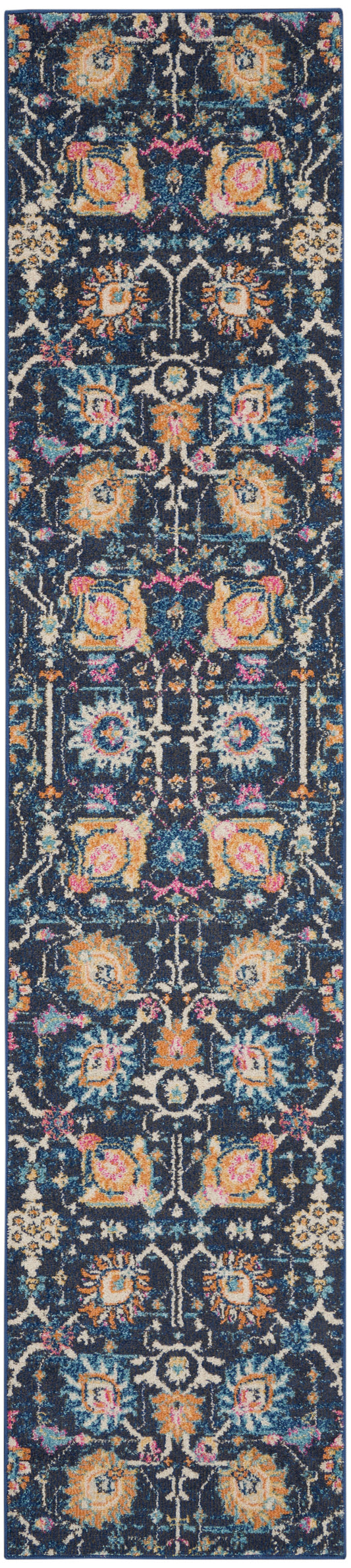 Oriental-style runner rug with navy background, bright yellow & orange floral medallions, pink accents, white vines; blue border.