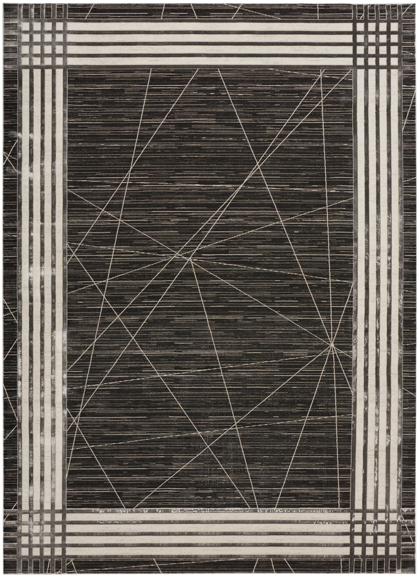 Dark charcoal rug with a pale beige geometric border and white crisscross lines in the center; modern abstract design.