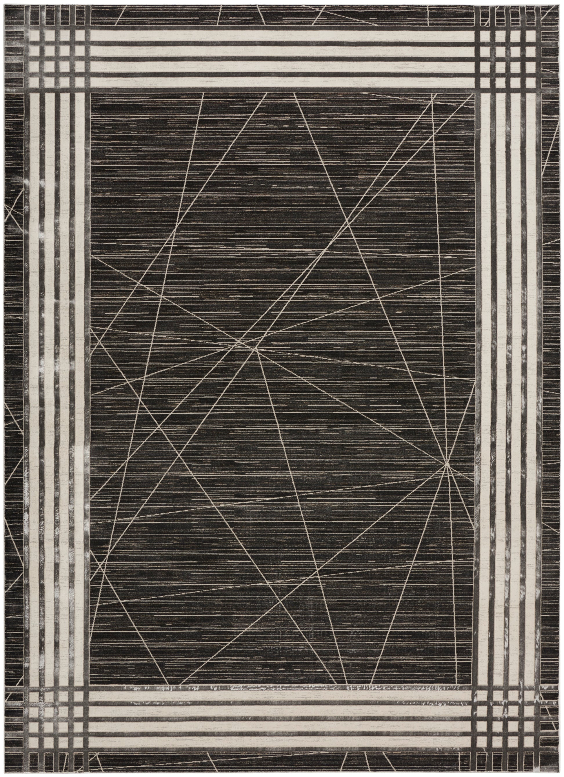 Dark charcoal rug with a pale beige geometric border and white crisscross lines in the center; modern abstract design.