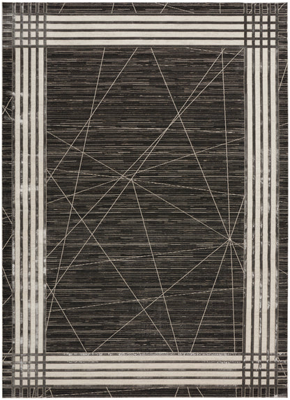 Dark charcoal rug with a pale beige geometric border and white crisscross lines in the center; modern abstract design.