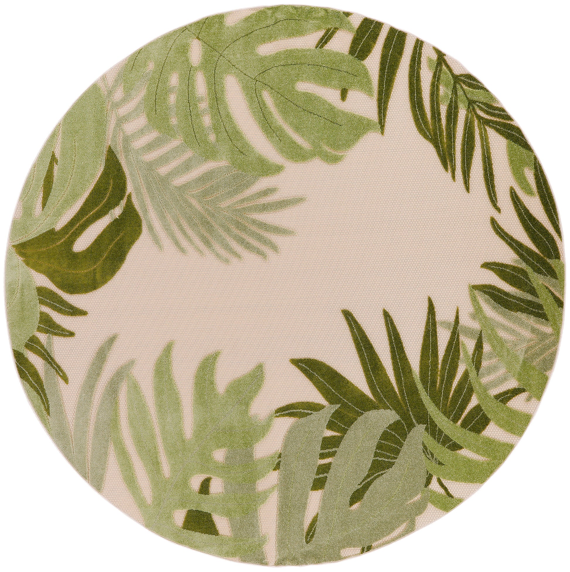 Round beige outdoor rug featuring green tropical palm leaves; botanical style.