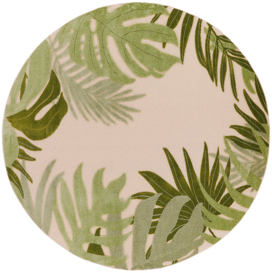 Round beige outdoor rug featuring green tropical palm leaves; botanical style.
