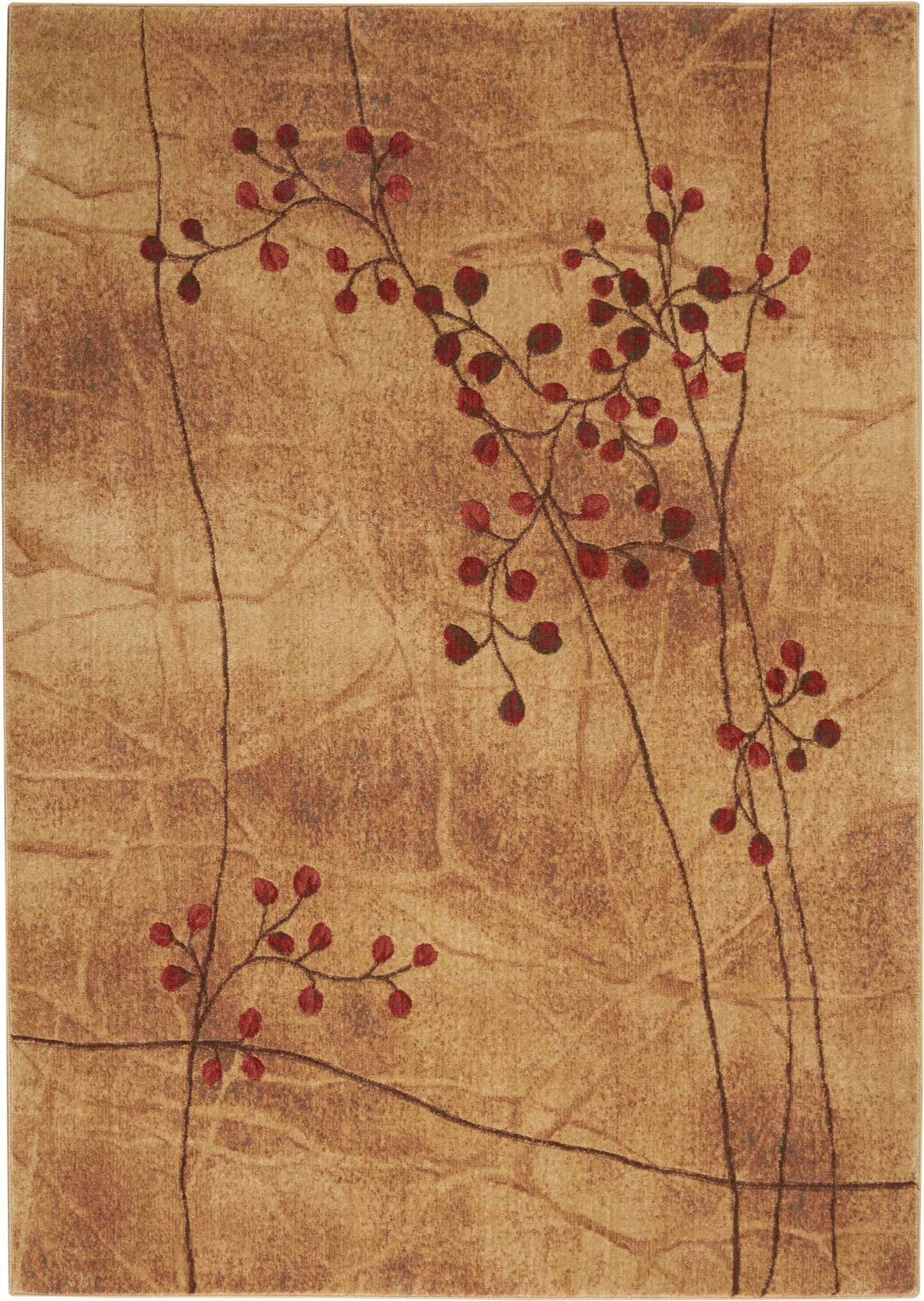 Beige textured rug with slender dark vines and red berry clusters for a botanical decorative look.