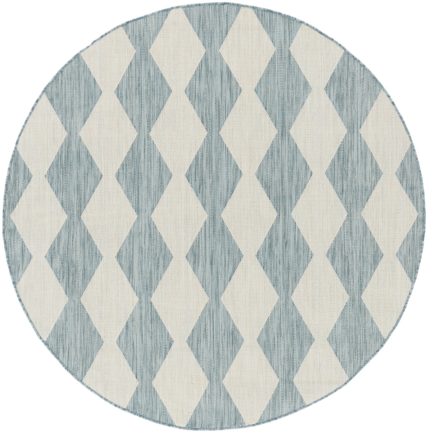 Round rug with a blue and beige diamond pattern in a textured woven fabric for living room decor.