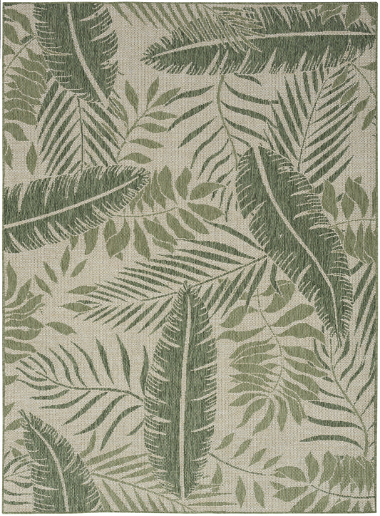 Rectangular woven outdoor rug with palm fronds in olive and sage greens on beige; tropical botanical decor.