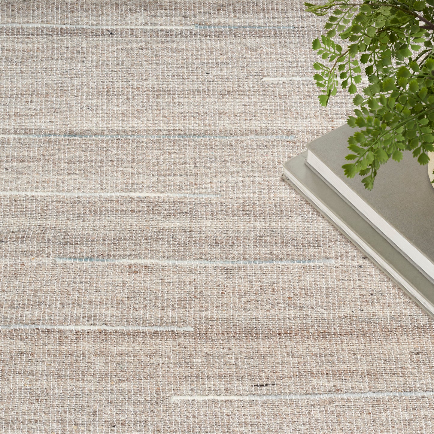 Beige woven area rug with subtle white stripes; paired with stacked neutral-toned books and a green fern accent.
