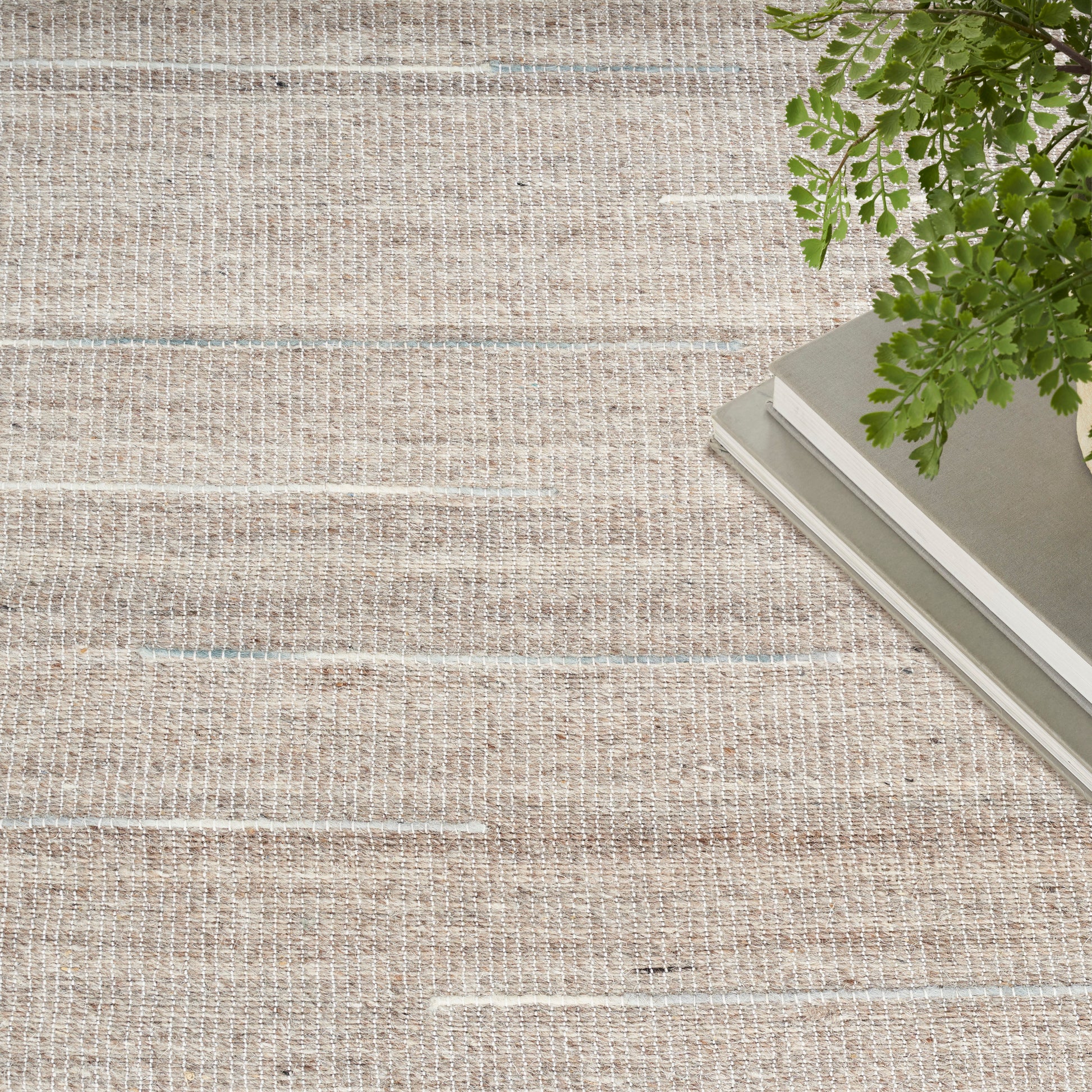 Beige woven area rug with subtle white stripes; paired with stacked neutral-toned books and a green fern accent.