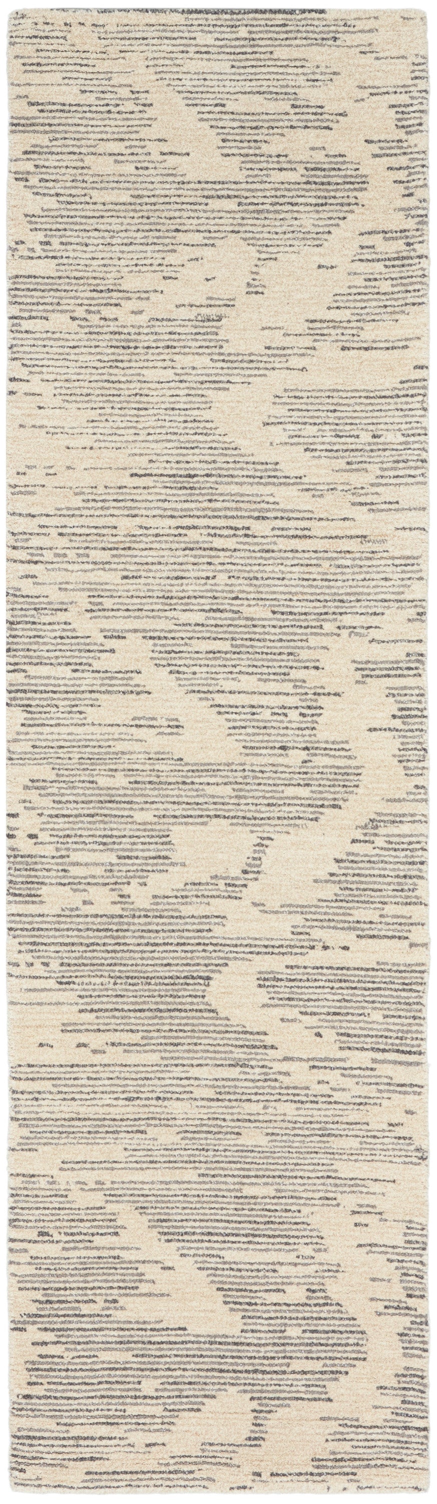 Beige runner rug with abstract dark gray linear pattern on a textured background.