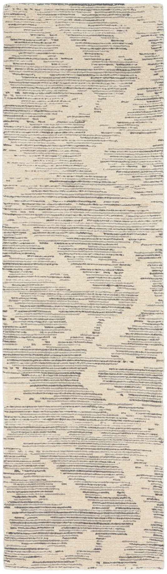Beige runner rug with abstract dark gray linear pattern on a textured background.