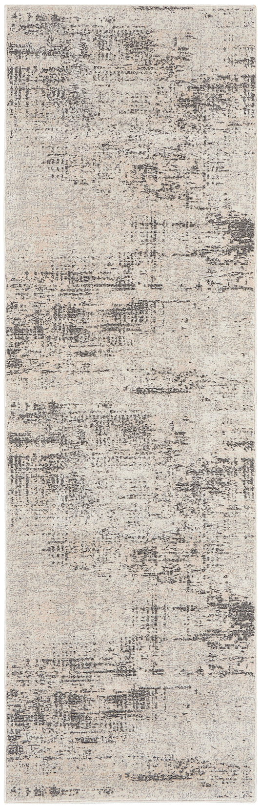 Beige distressed abstract runner rug with gray charcoal patches; modern, low-pile hallway decor.