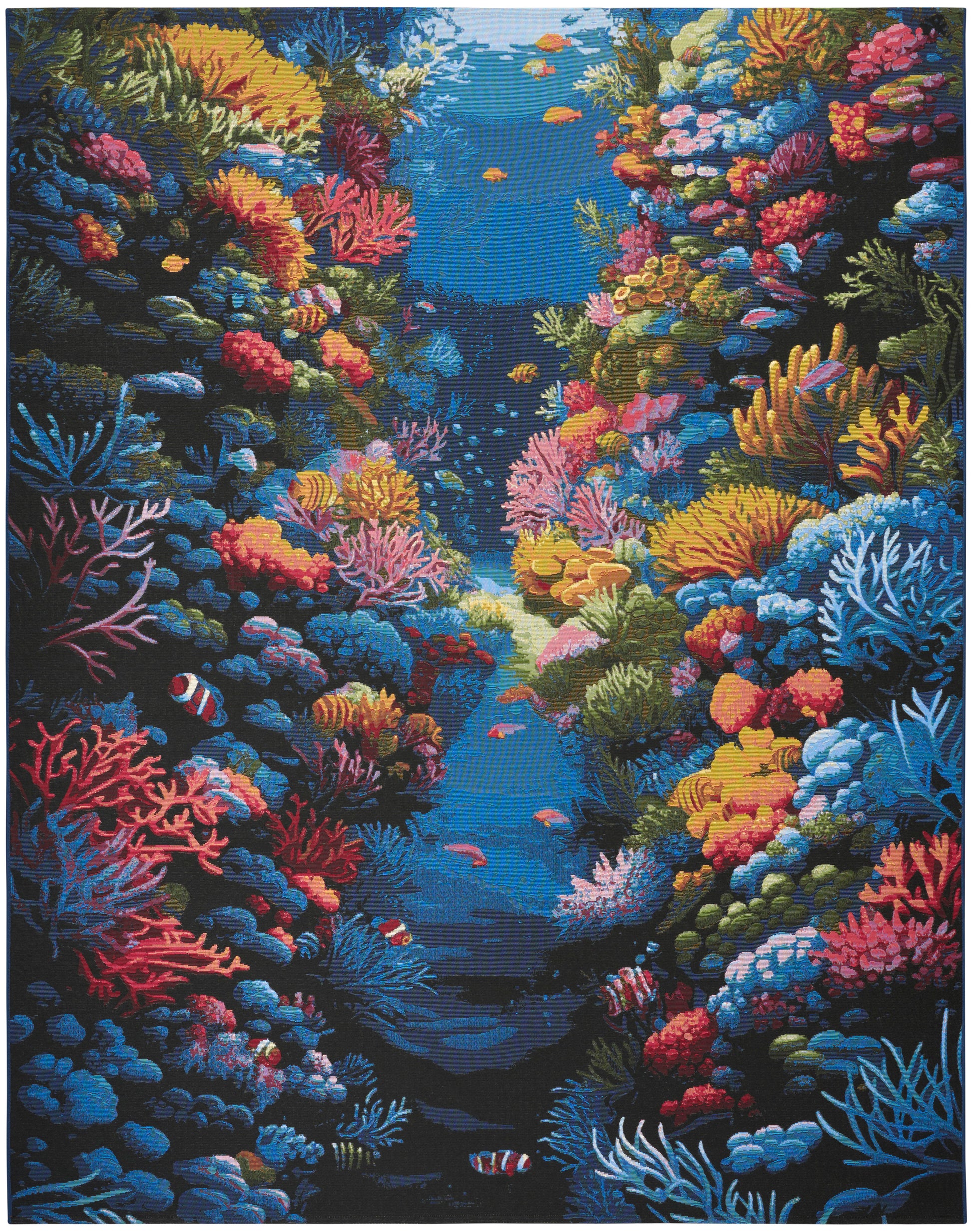 Vibrant underwater coral reef with multicolored corals in yellows, pinks, blues and oranges, and small tropical fish.