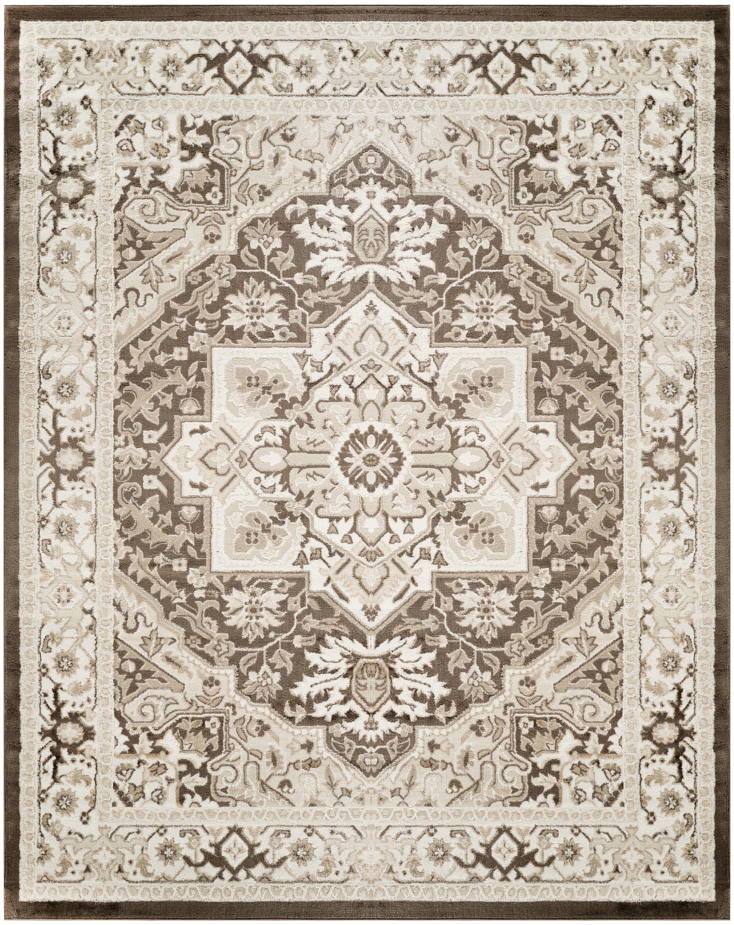Persian-style oriental area rug with ivory, beige and brown tones, central medallion and floral border.