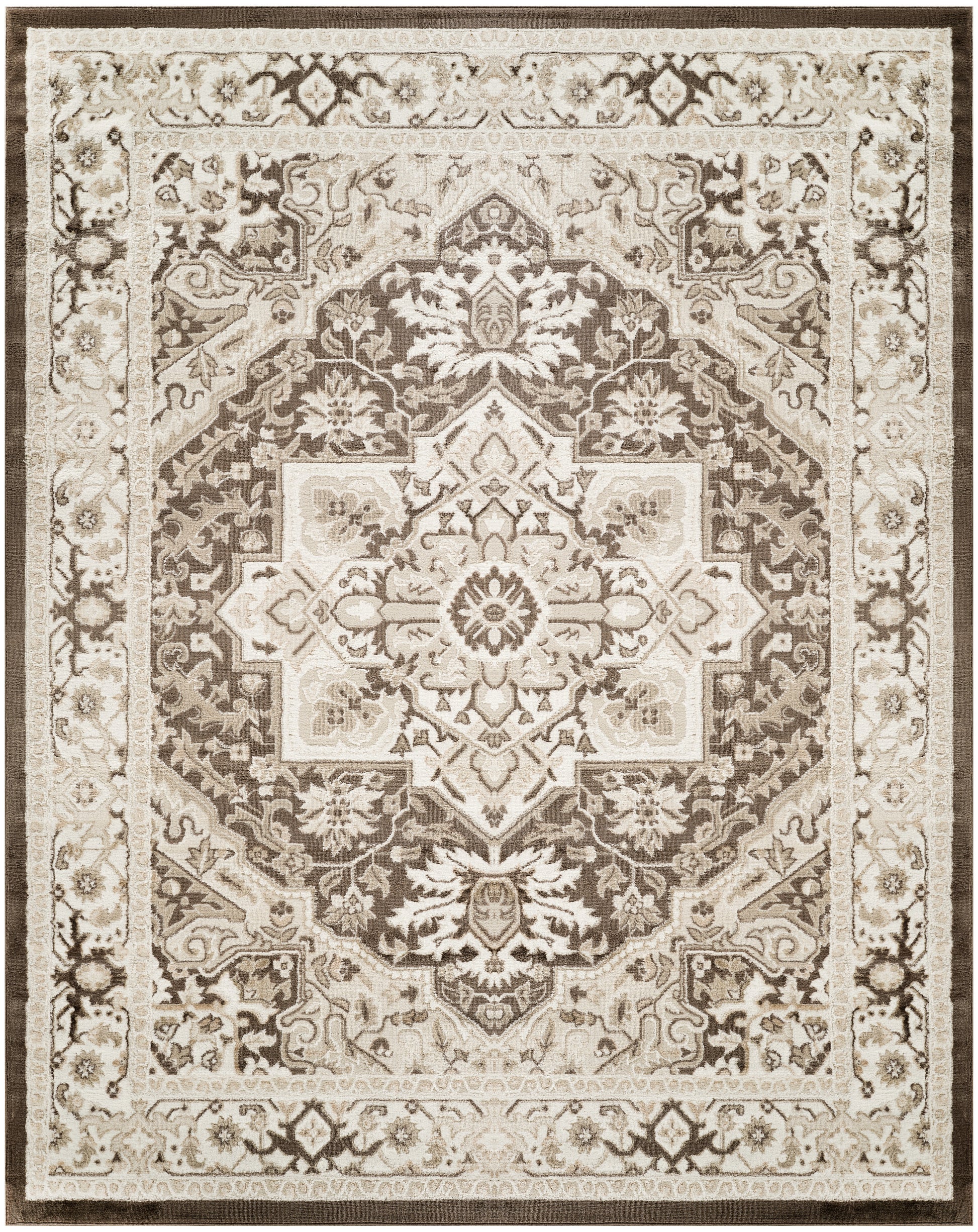 Persian-style oriental area rug with ivory, beige and brown tones, central medallion and floral border.