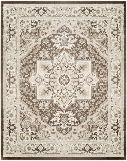 Persian-style oriental area rug with ivory, beige and brown tones, central medallion and floral border.