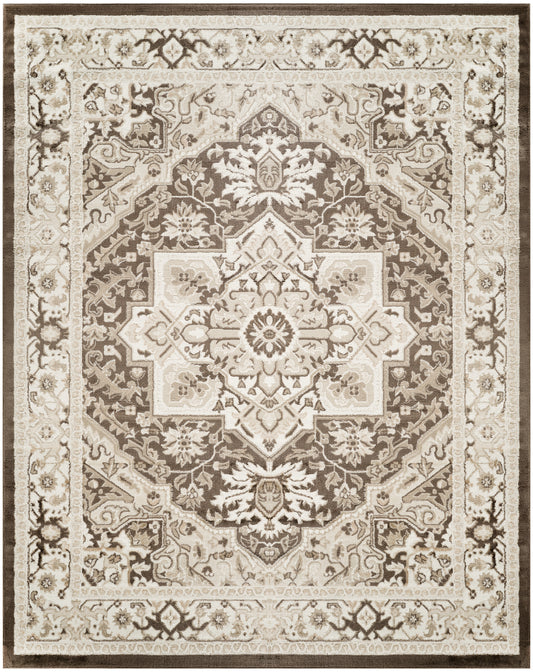 Persian-style oriental area rug with ivory, beige and brown tones, central medallion and floral border.