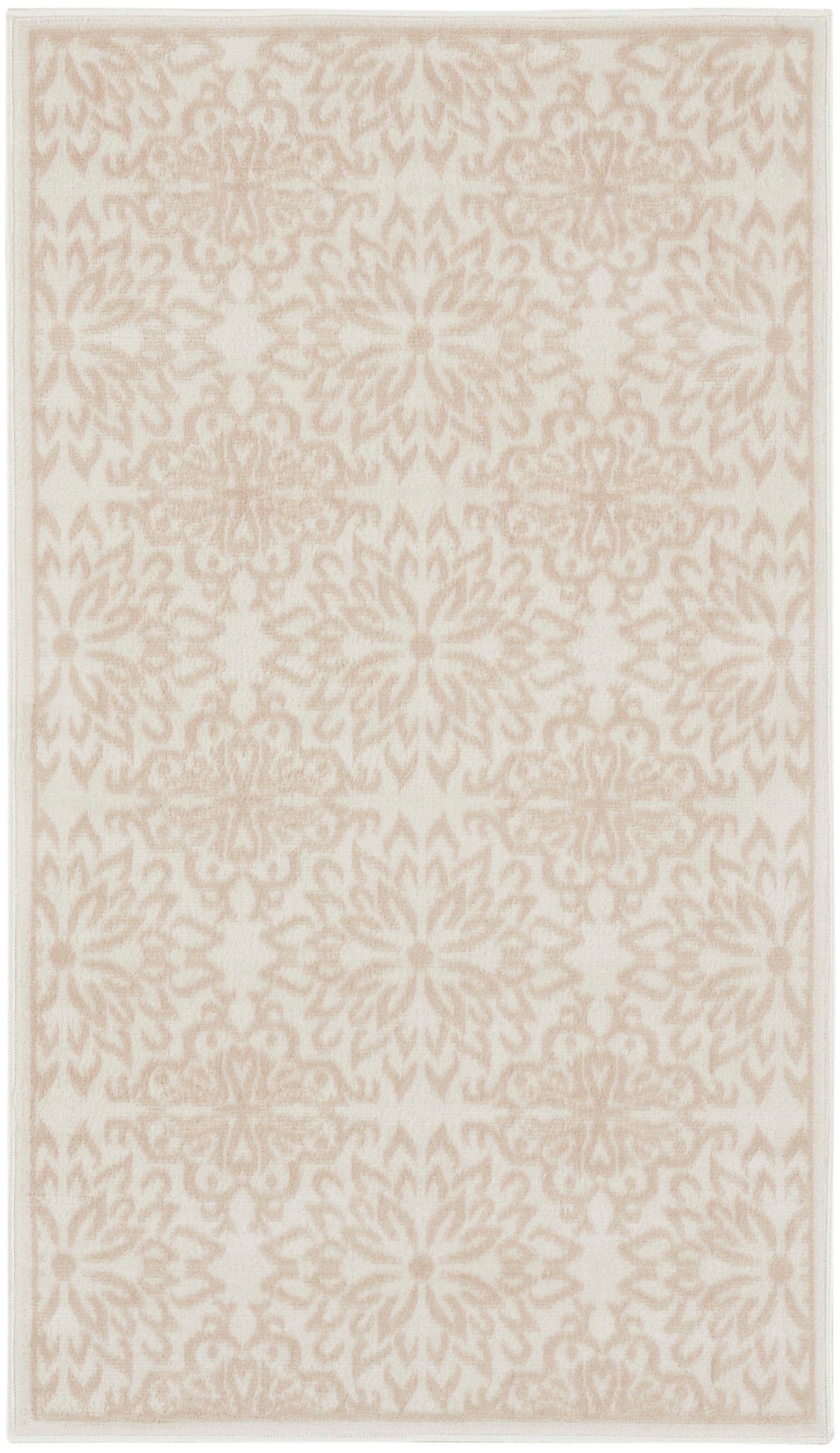 Beige and blush damask patterned area rug, soft woven texture, rectangular shape for neutral living room decor.