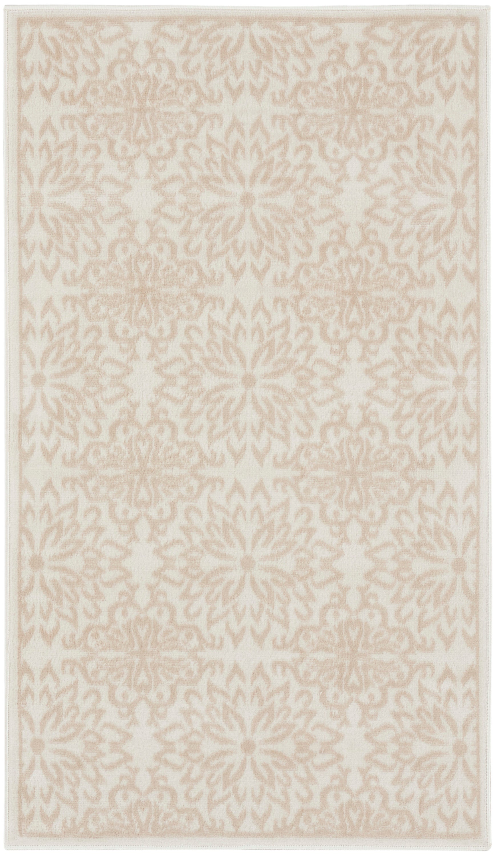 Beige and blush damask patterned area rug, soft woven texture, rectangular shape for neutral living room decor.